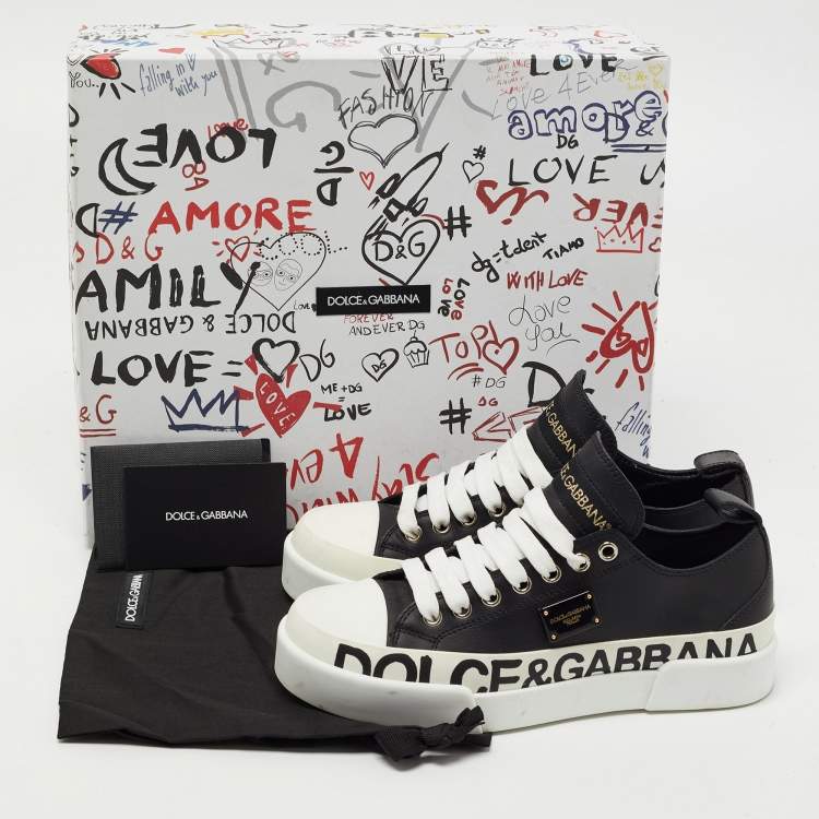 Pre Owned Dolce & Gabbana Black/White Leather Portofino Low Top Sneakers Size 35.5