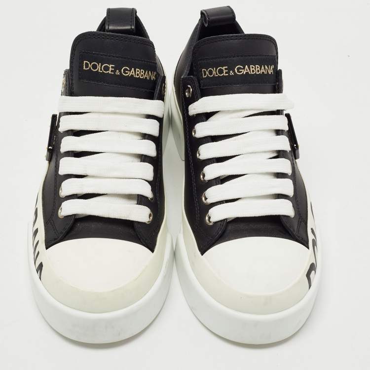 Pre Owned Dolce & Gabbana Black/White Leather Portofino Low Top Sneakers Size 35.5