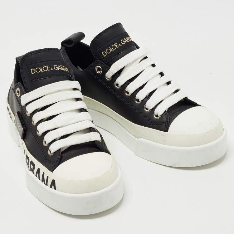 Pre Owned Dolce & Gabbana Black/White Leather Portofino Low Top Sneakers Size 35.5