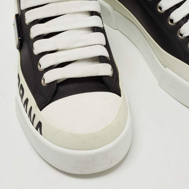 Pre Owned Dolce & Gabbana Black/White Leather Portofino Low Top Sneakers Size 35.5
