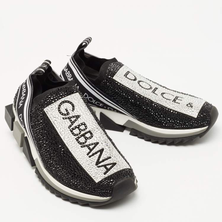 Pre Owned Dolce & Gabbana Black Crystal Embellished Knit Fabric Sorrento Sneakers Size 39