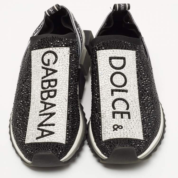 Pre Owned Dolce & Gabbana Black Crystal Embellished Knit Fabric Sorrento Sneakers Size 39