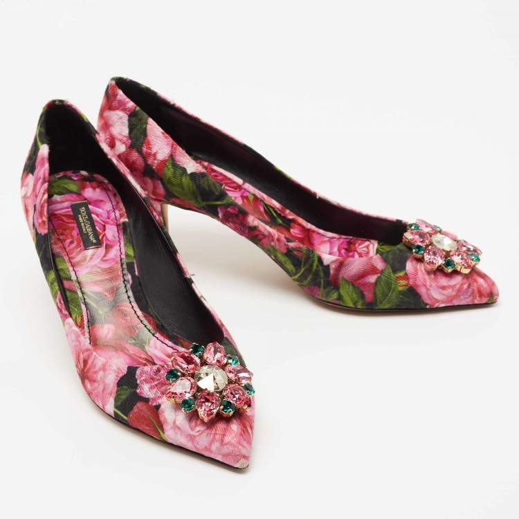 Pre Owned Dolce & Gabbana Pink/Green Floral Canvas Crystal Embellished Pumps Size 41