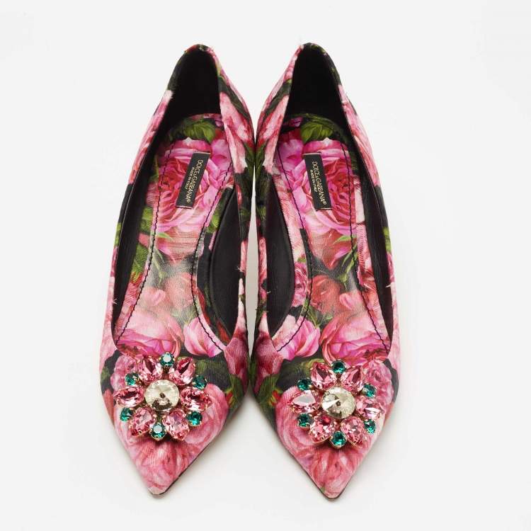 Pre Owned Dolce & Gabbana Pink/Green Floral Canvas Crystal Embellished Pumps Size 41