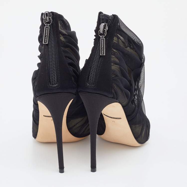 Pre Owned Dolce & Gabbana Black Satin and Net Peep Toe Booties Size 36