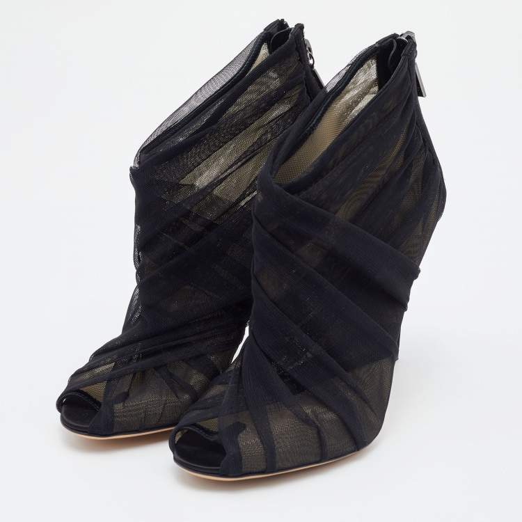 Pre Owned Dolce & Gabbana Black Satin and Net Peep Toe Booties Size 36