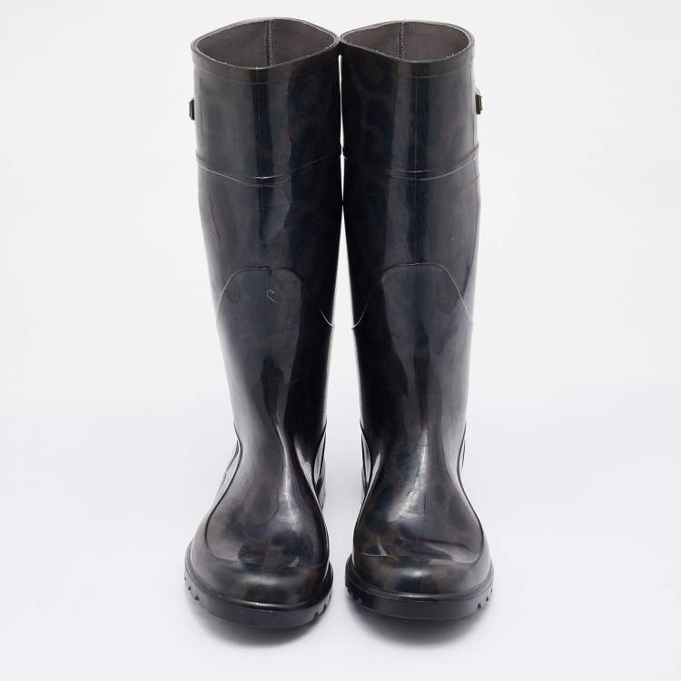 Pre Owned Dolce & Gabbana Black/Grey Leopard Print PVC Mid Calf Rain Boots Size 38