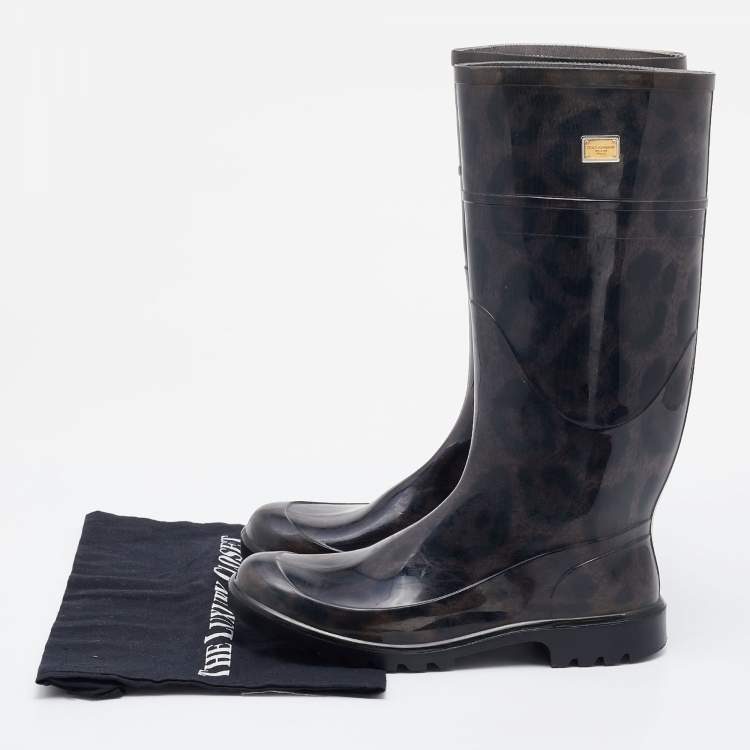 Pre Owned Dolce & Gabbana Black/Grey Leopard Print PVC Mid Calf Rain Boots Size 38