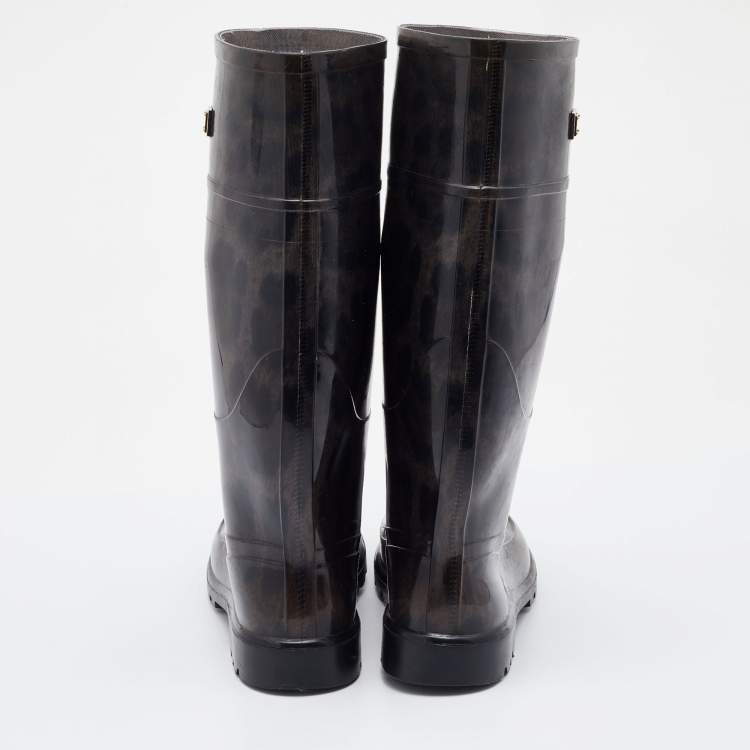 Pre Owned Dolce & Gabbana Black/Grey Leopard Print PVC Mid Calf Rain Boots Size 38