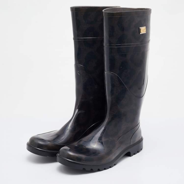 Pre Owned Dolce & Gabbana Black/Grey Leopard Print PVC Mid Calf Rain Boots Size 38