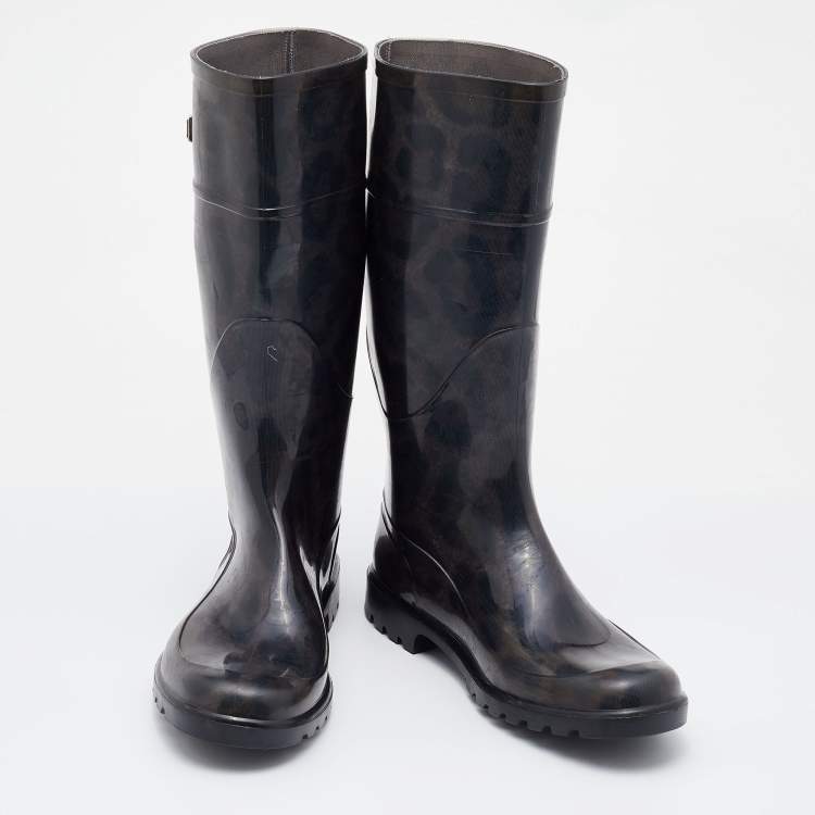 Pre Owned Dolce & Gabbana Black/Grey Leopard Print PVC Mid Calf Rain Boots Size 38