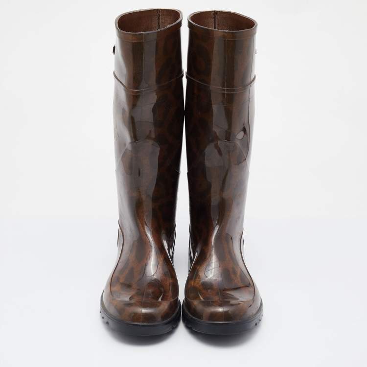 Pre Owned Dolce & Gabbana Black/Brown Leopard Print PVC Mid Calf Rain Boots Size 41