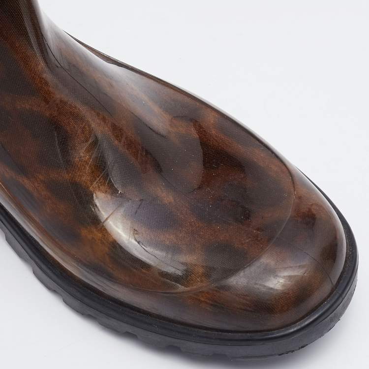 Pre Owned Dolce & Gabbana Black/Brown Leopard Print PVC Mid Calf Rain Boots Size 41