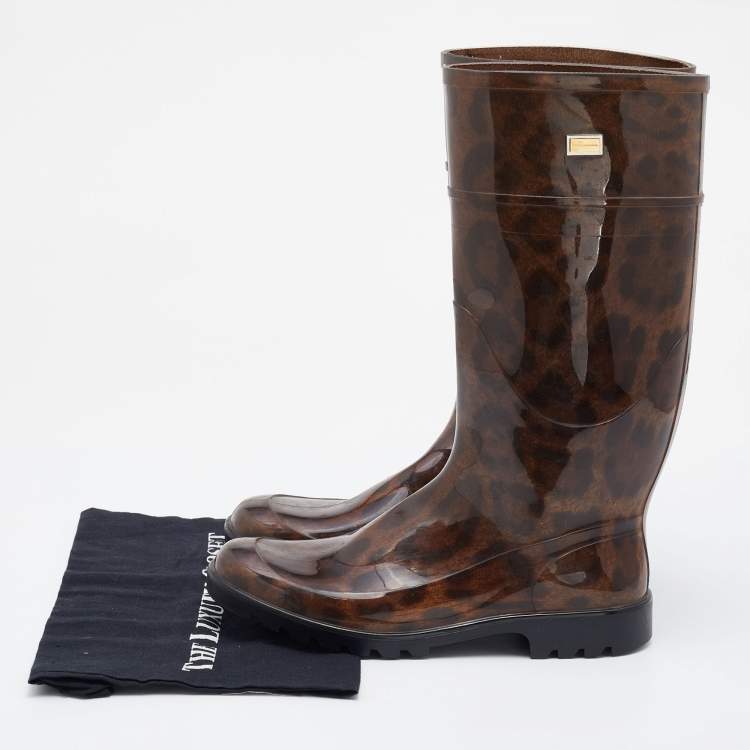 Pre Owned Dolce & Gabbana Black/Brown Leopard Print PVC Mid Calf Rain Boots Size 41