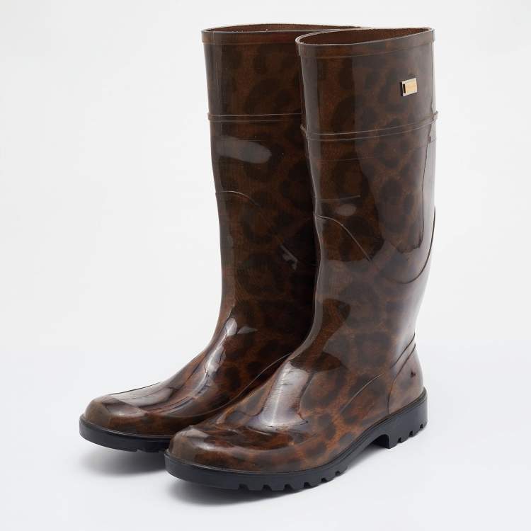 Pre Owned Dolce & Gabbana Black/Brown Leopard Print PVC Mid Calf Rain Boots Size 41