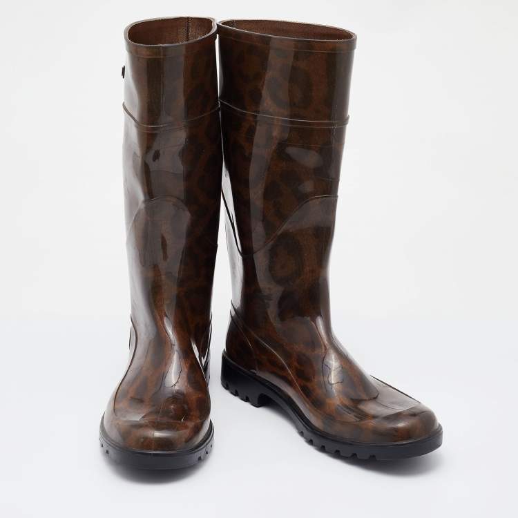 Pre Owned Dolce & Gabbana Black/Brown Leopard Print PVC Mid Calf Rain Boots Size 41