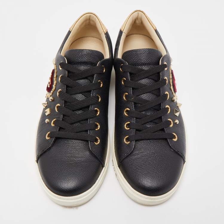 مملوكة مسبقًا Dolce & Gabbana Black Leather Embellished DG Heart Low Top Sneakers Size 37