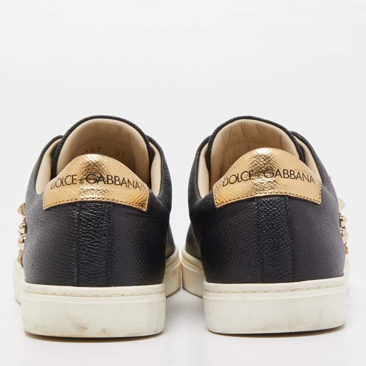 مملوكة مسبقًا Dolce & Gabbana Black Leather Embellished DG Heart Low Top Sneakers Size 37