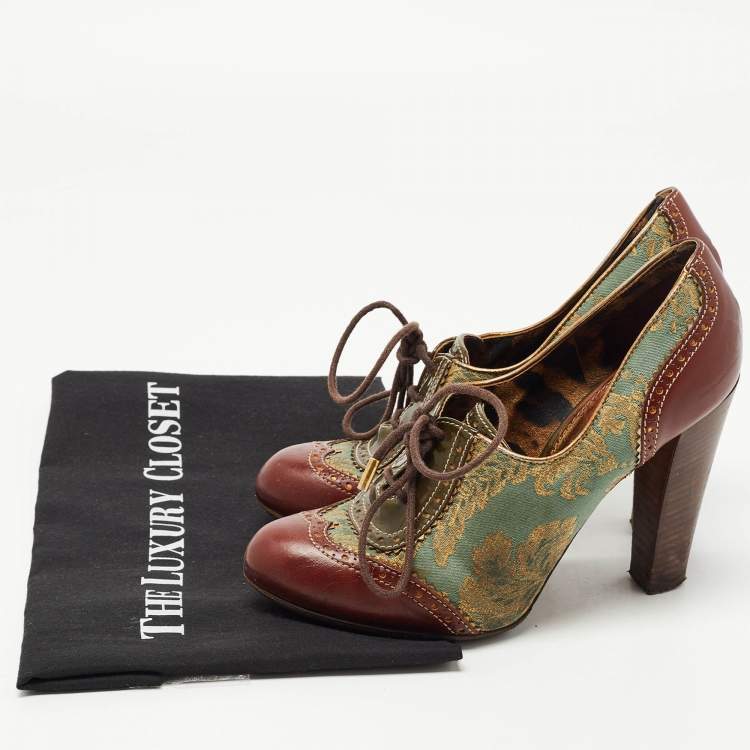 Pre Owned Dolce & Gabbana Burgundy/Green Brogue Leather and Jacquard Fabric Oxford Pumps Size 37.5 