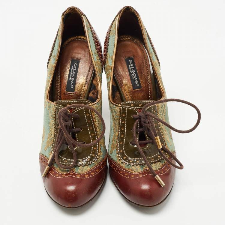 Pre Owned Dolce & Gabbana Burgundy/Green Brogue Leather and Jacquard Fabric Oxford Pumps Size 37.5 