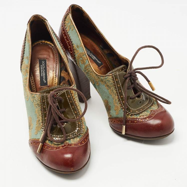 Pre Owned Dolce & Gabbana Burgundy/Green Brogue Leather and Jacquard Fabric Oxford Pumps Size 37.5 