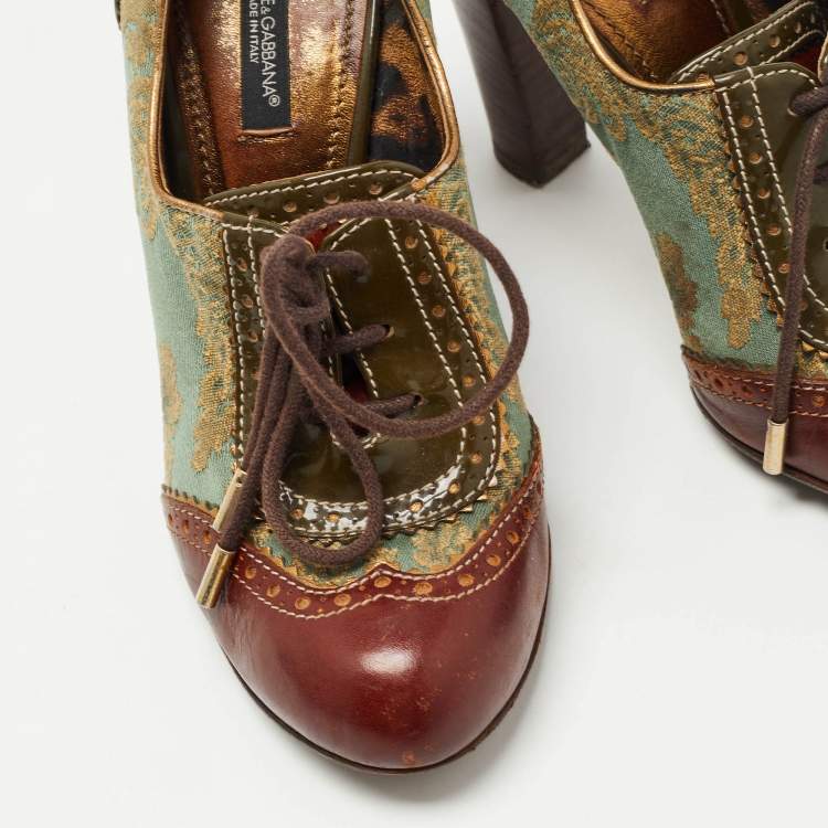 Pre Owned Dolce & Gabbana Burgundy/Green Brogue Leather and Jacquard Fabric Oxford Pumps Size 37.5 