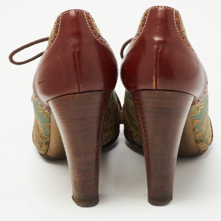 Pre Owned Dolce & Gabbana Burgundy/Green Brogue Leather and Jacquard Fabric Oxford Pumps Size 37.5 