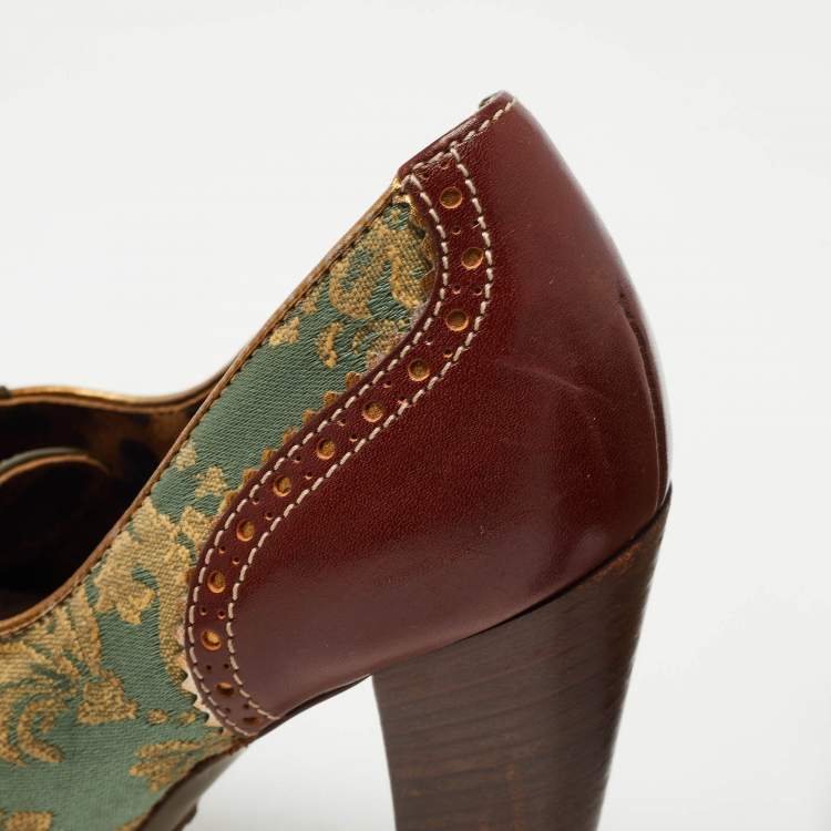 Pre Owned Dolce & Gabbana Burgundy/Green Brogue Leather and Jacquard Fabric Oxford Pumps Size 37.5 