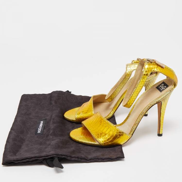 Pre Owned Dolce & Gabbana Gold Python Leather Embossed Ankle Strap Sandals Size 36
