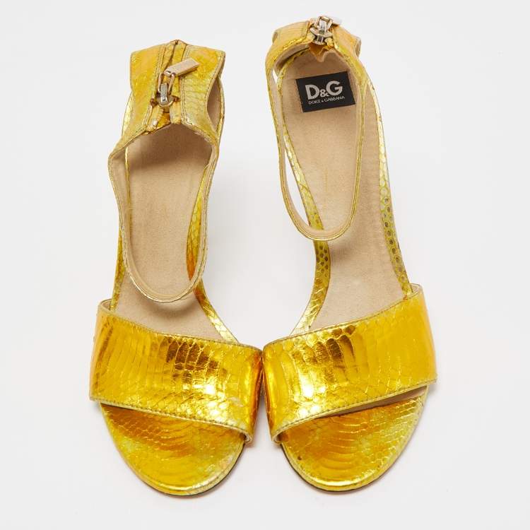 Pre Owned Dolce & Gabbana Gold Python Leather Embossed Ankle Strap Sandals Size 36