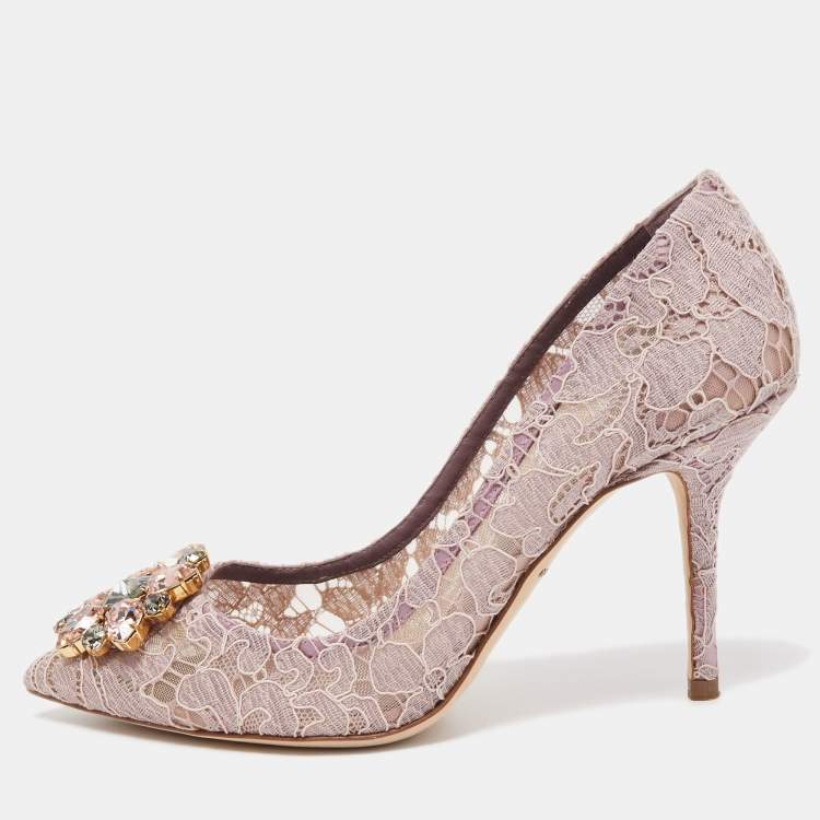 Pre Owned Dolce & Gabbana Pink Lace Crystal Embellished Bellucci Pumps Size 37.5