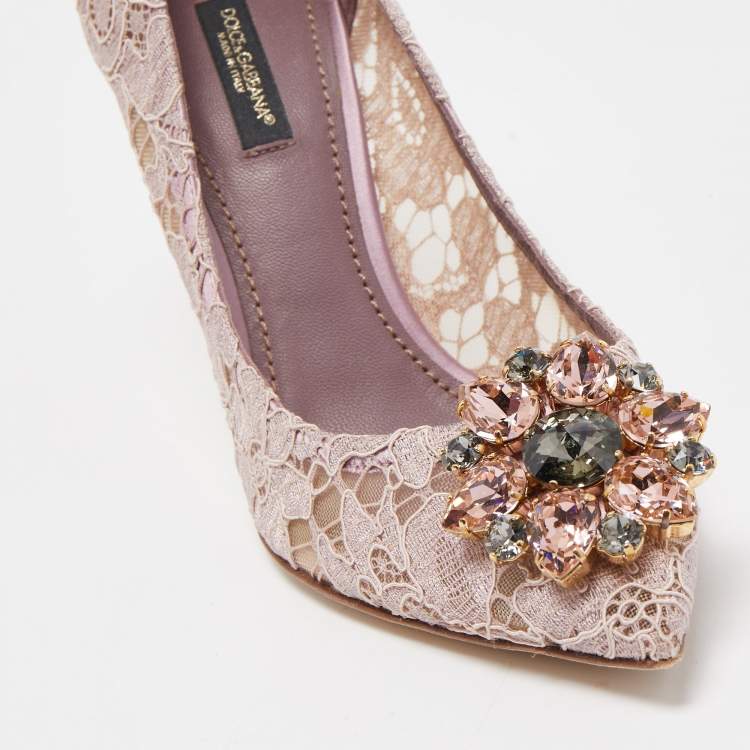 Pre Owned Dolce & Gabbana Pink Lace Crystal Embellished Bellucci Pumps Size 37.5