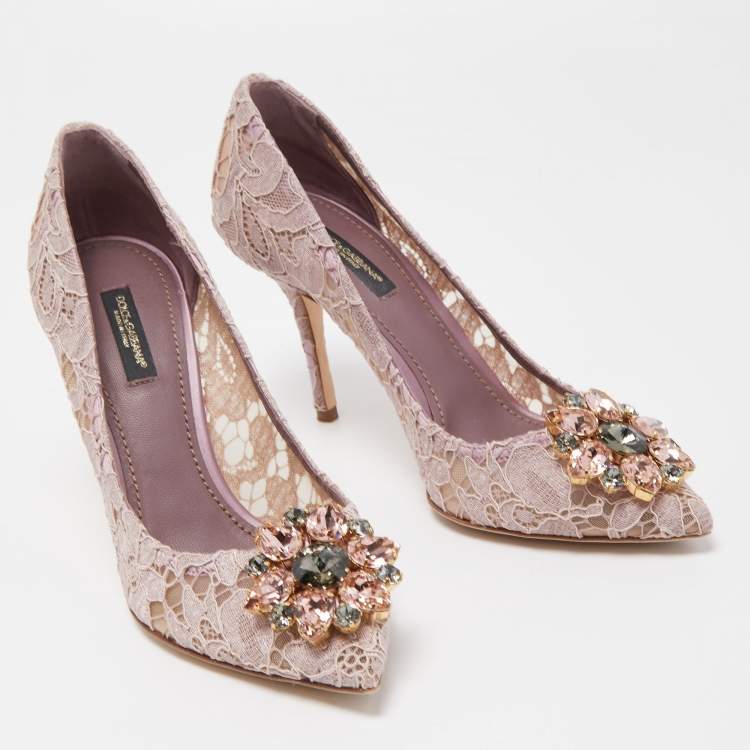 Pre Owned Dolce & Gabbana Pink Lace Crystal Embellished Bellucci Pumps Size 37.5