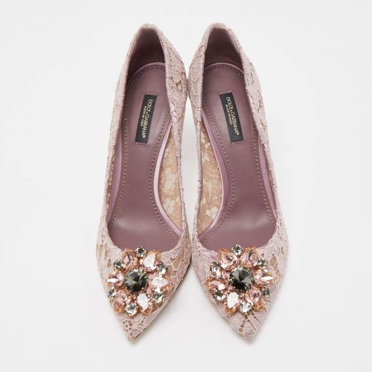 Pre Owned Dolce & Gabbana Pink Lace Crystal Embellished Bellucci Pumps Size 37.5
