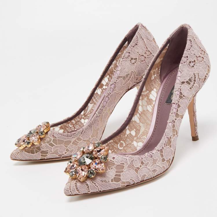 Pre Owned Dolce & Gabbana Pink Lace Crystal Embellished Bellucci Pumps Size 37.5