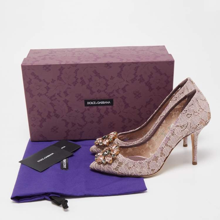 Pre Owned Dolce & Gabbana Pink Lace Crystal Embellished Bellucci Pumps Size 37.5