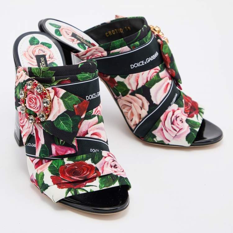 مملوكة مسبقًا Dolce & Gabbana Multicolor Floral Printed Fabric Crystal Embellished Bow Block Heel Sandals Size 39