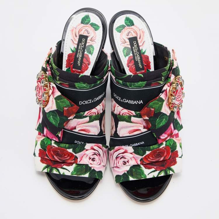 مملوكة مسبقًا Dolce & Gabbana Multicolor Floral Printed Fabric Crystal Embellished Bow Block Heel Sandals Size 39