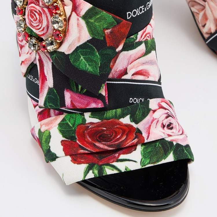 مملوكة مسبقًا Dolce & Gabbana Multicolor Floral Printed Fabric Crystal Embellished Bow Block Heel Sandals Size 39