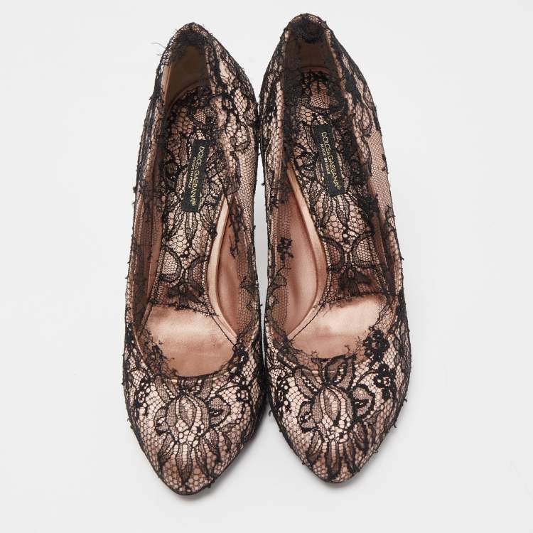 Pre Owned Dolce & Gabbana Black/Pink Lace and Satin Round Toe Pumps Size 38