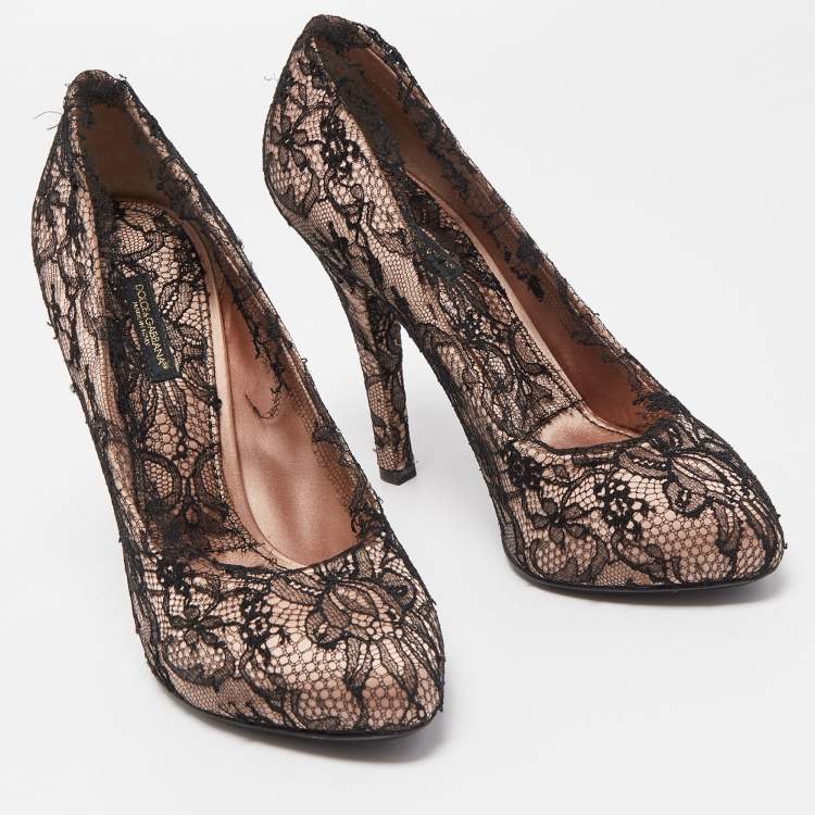 Pre Owned Dolce & Gabbana Black/Pink Lace and Satin Round Toe Pumps Size 38