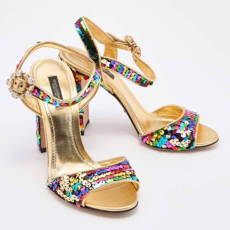 Pre Owned Dolce & Gabbana Multicolor Sequin and Leather Block Heel Ankle Strap Sandals Size 38.5