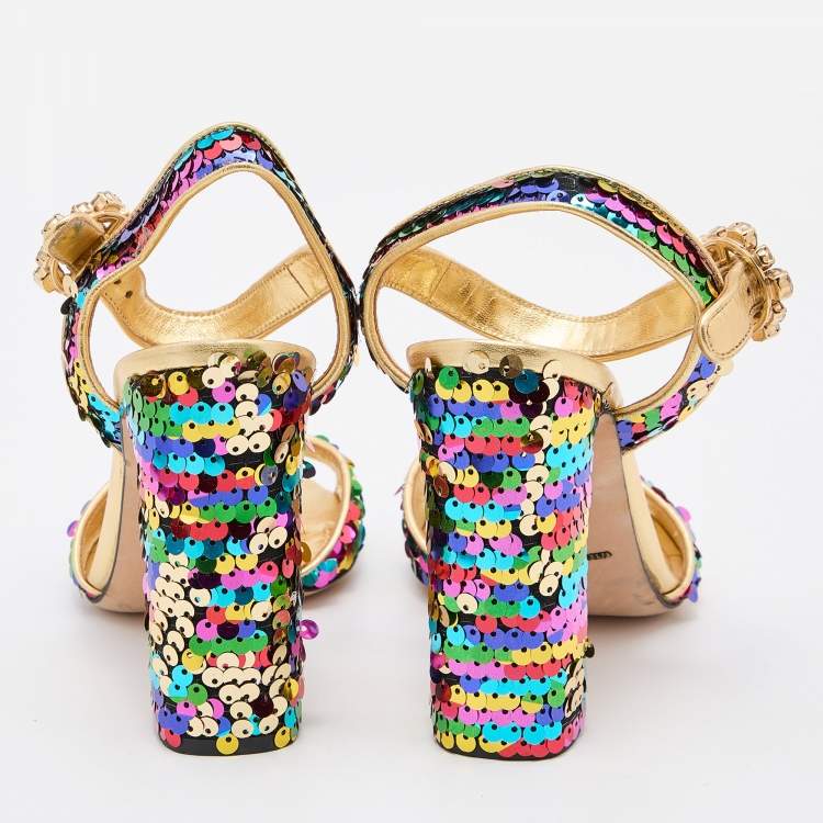 Pre Owned Dolce & Gabbana Multicolor Sequin and Leather Block Heel Ankle Strap Sandals Size 38.5