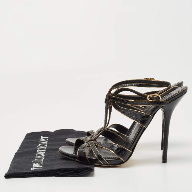 Pre Owned Dolce & Gabbana Black/Gold Lizard Embossed Leather Ankle Strap Sandals Size 41