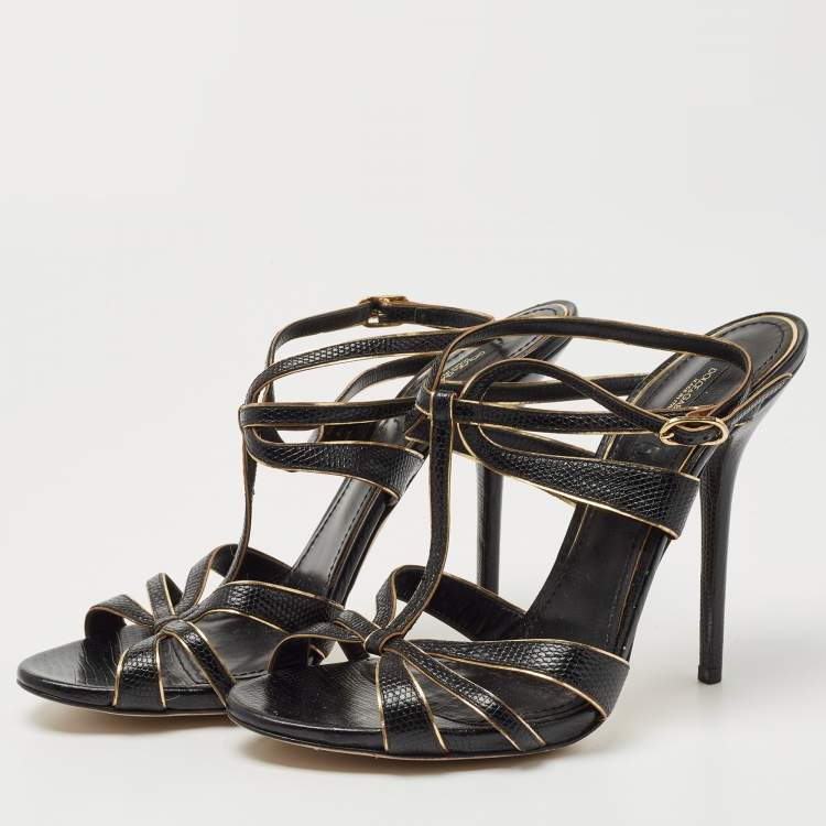 Pre Owned Dolce & Gabbana Black/Gold Lizard Embossed Leather Ankle Strap Sandals Size 41