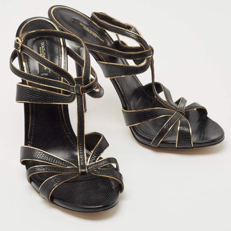 Pre Owned Dolce & Gabbana Black/Gold Lizard Embossed Leather Ankle Strap Sandals Size 41