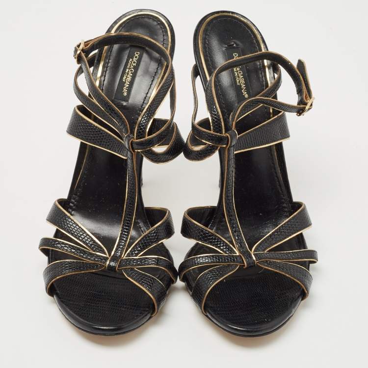 Pre Owned Dolce & Gabbana Black/Gold Lizard Embossed Leather Ankle Strap Sandals Size 41