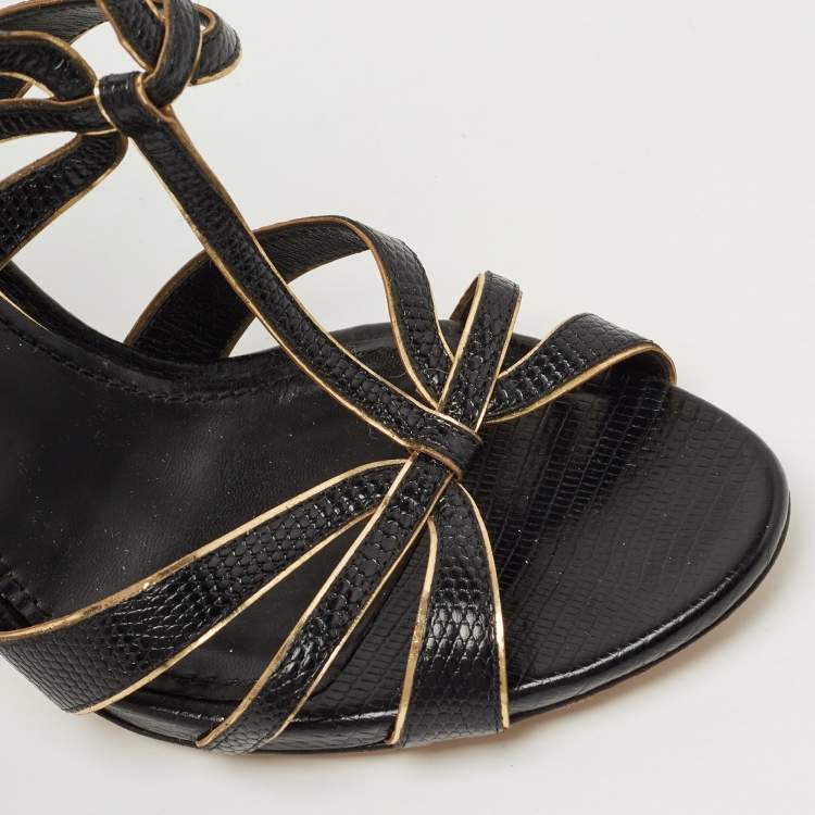 Pre Owned Dolce & Gabbana Black/Gold Lizard Embossed Leather Ankle Strap Sandals Size 41
