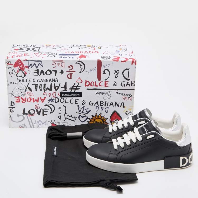 Pre Owned Dolce & Gabbana Black/Silver Leather Portofino Low Top Sneakers Size 37