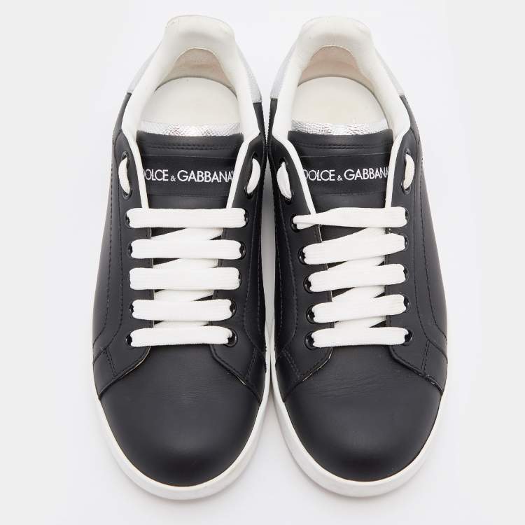 Pre Owned Dolce & Gabbana Black/Silver Leather Portofino Low Top Sneakers Size 37